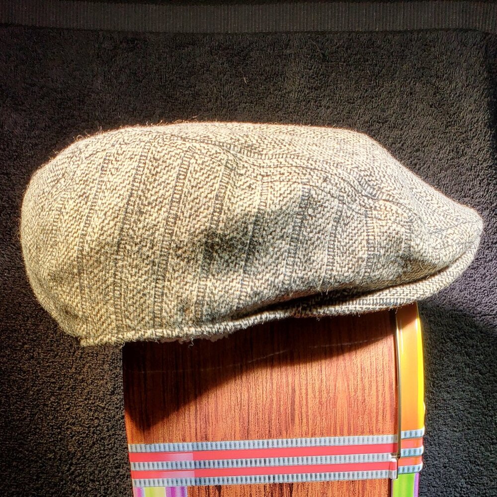 VINTAGE CREMIEUX  COTTON NEWSPAPER BOY FLAT CAP TAN AND BLACK STRIPE L / XL - Picture 2 of 5